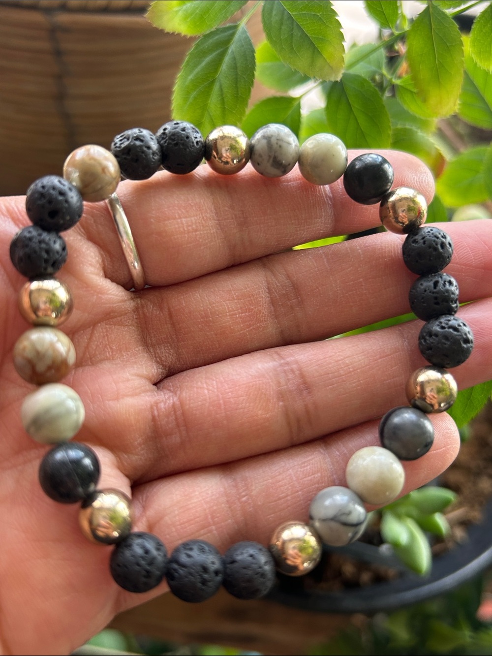 Men’s Picasso Jasper + lava bead + gold tone hematite stretch bracelet